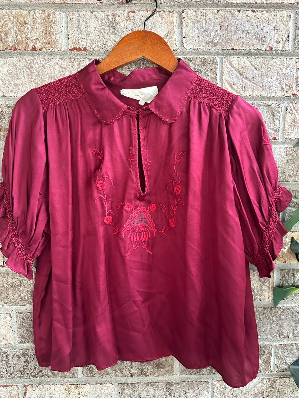The Great Silky Burgundy Embroidered Split-Neck Women's Drapey Blouse Top
